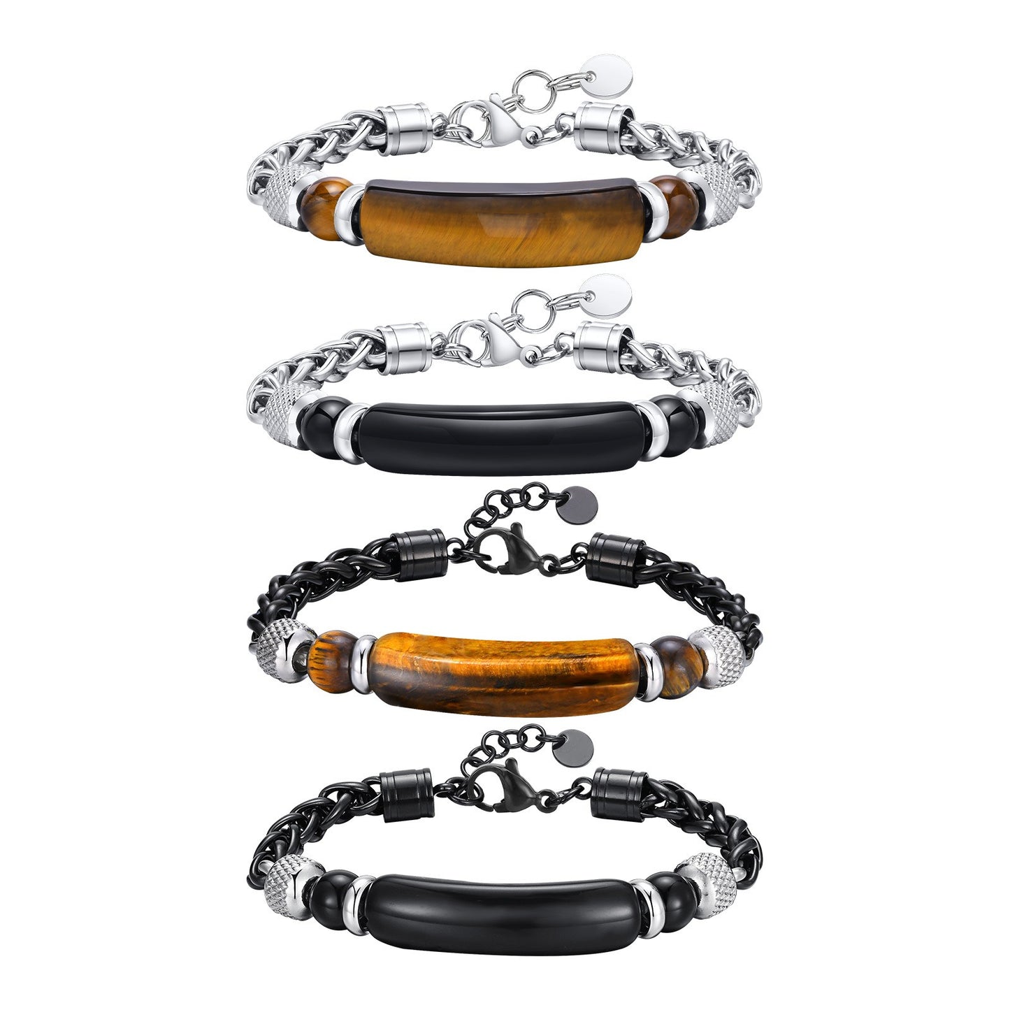 Kemstone Men’s Stainless Steel Beaded Chain Bracelet – Tiger Eye & Black Onyx, Gothic Norse Street Style BR-1716