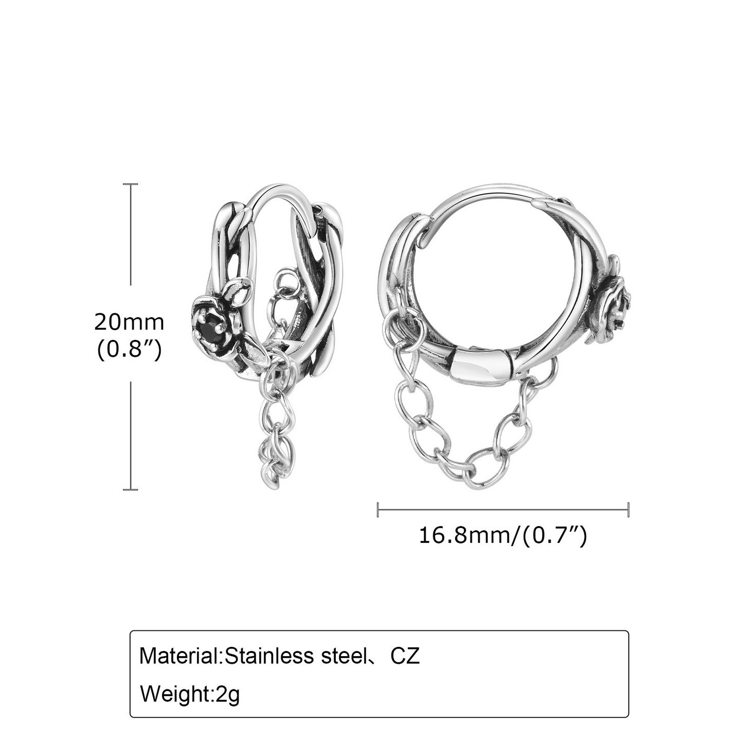 Kemstone Stainless Steel Rose Chain Hoop Earring – Black Cubic Zirconia Detail for Men EH-686