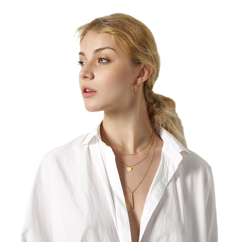 Geometric Triple Layer Necklace – Stainless Steel Bar & Circle Pendant in Gold | Gothic Minimalist Streetwear NC-428