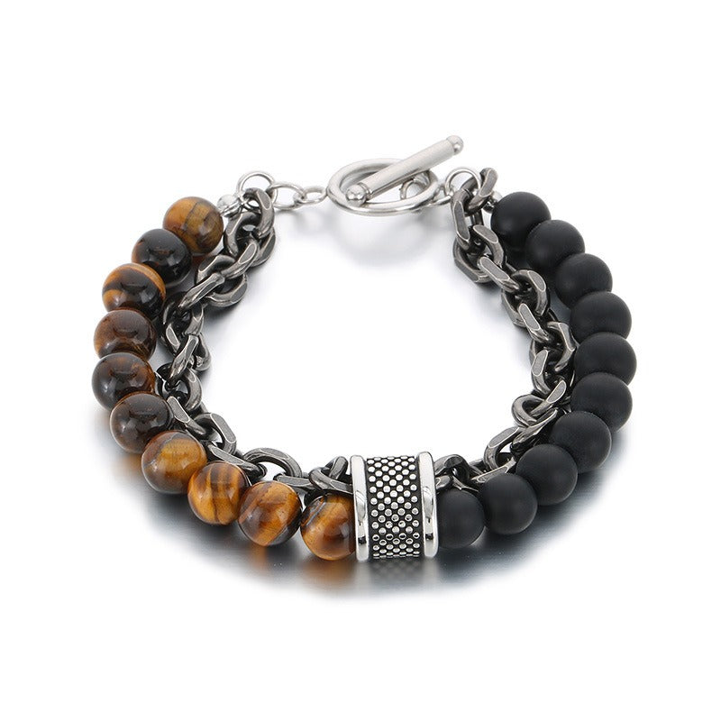 Kemstone Tiger Eye & Turquoise Bead Bracelet – Dual-Layer Steel Chain Men’s Jewelry with Vintage Map Stone Vibe KB182645