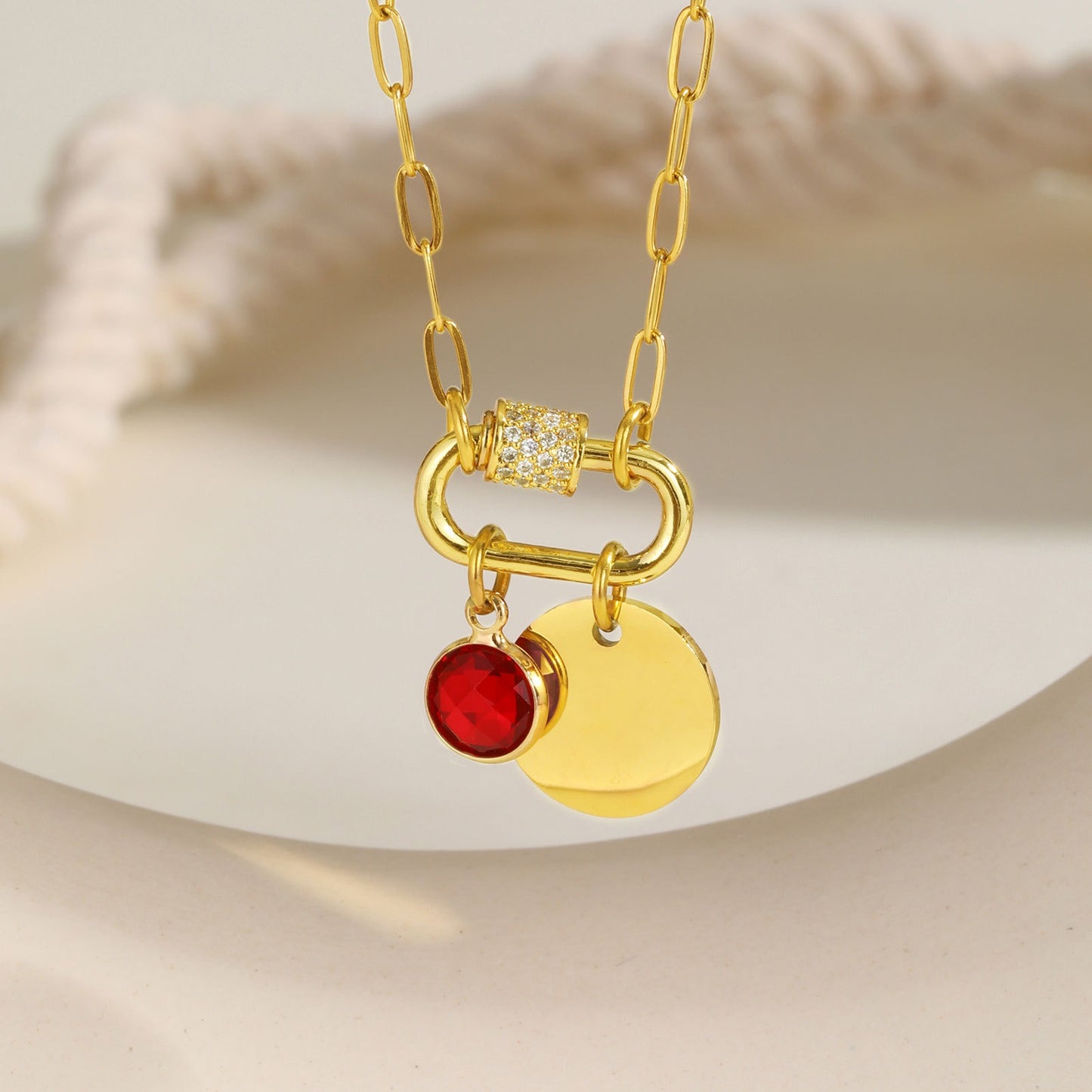 Cadena de eslabones cuadrados de acero inoxidable Kemstone con colgante de piedra de nacimiento del zodíaco - Collar minimalista dorado para mujer NC-2181