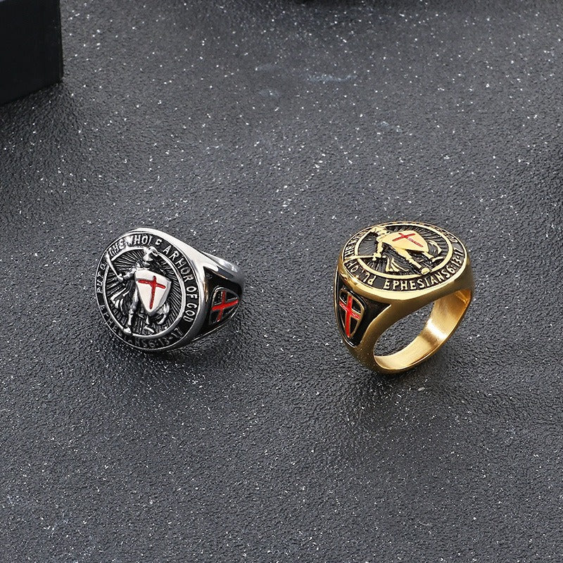 Anello con croce e scudo templare - Sigillo in acciaio inossidabile con armatura smaltata rossa | Gothic Street Faith KR112563