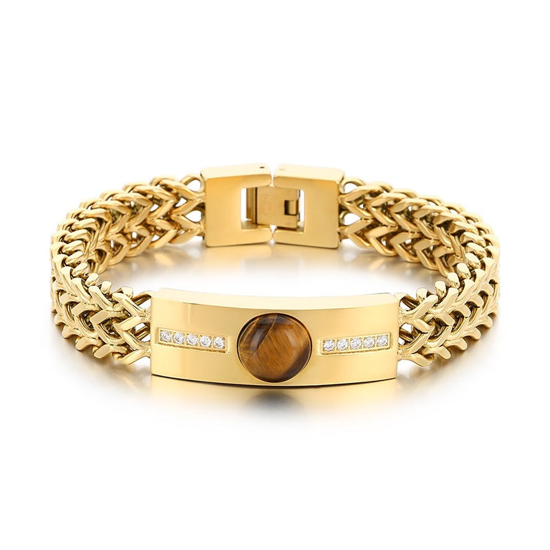Kemstone Hiphop Zirconia-Encrusted Vintage Dual-Chain Tiger's Eye Stone Curb Men's Bracelet KB187685