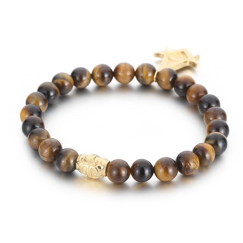 Kemstone Black Onyx Beaded Bracelet – CZ Crown, Freemason Cross & Tiger Eye Accent for Men’s Gothic Streetwear KB69789-BD
