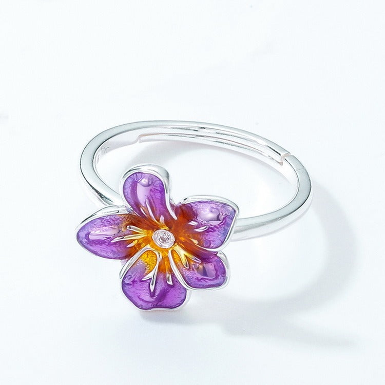 Anillo de flor de esmalte violeta, diseño original artesanal de Kemstone - Ajustable - Plata S925 bañada en oro