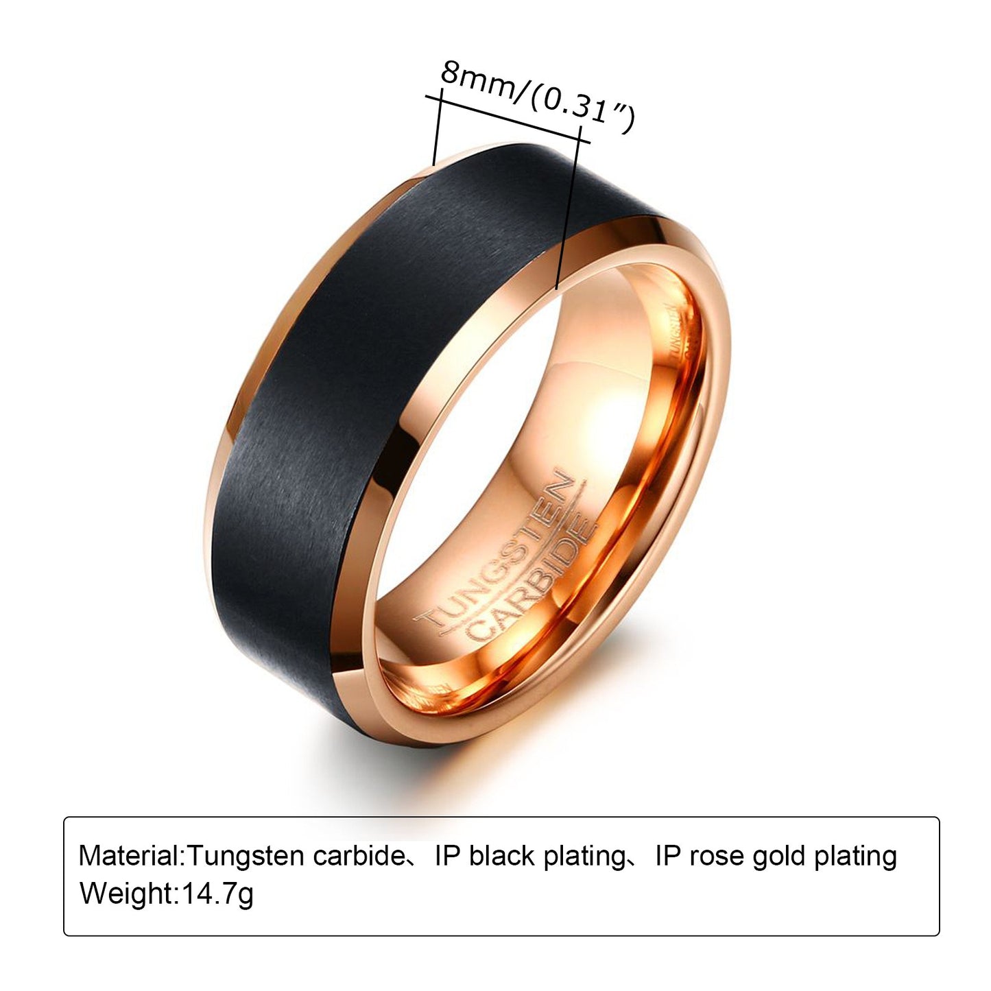 8MM Tungsten Carbide Men’s Ring – Brushed Black & Rose Gold Band TCR-069