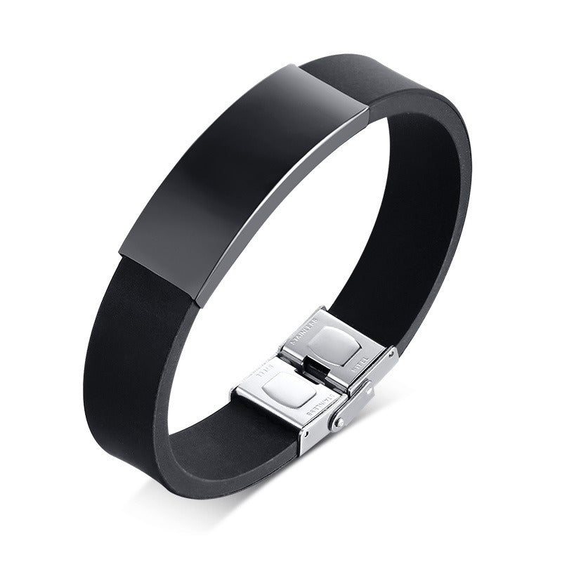 Kemstone Silicone & Stainless Steel Bracelet – Engravable Curved Plate Men’s Wristband BS-076
