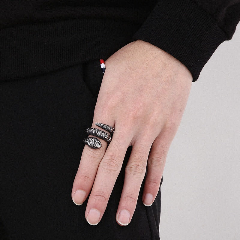 Kemstone Dark Forge Coiled Python Ring - Industrial Punk Stainless Steel Men's Statement Jewelry KR104866-KJX