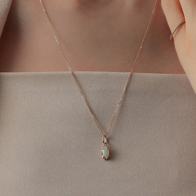 Collar con colgante de ópalo marquesa geométrico, diseño original artesanal de Kemstone - Diseño vintage de plata S925 bañado en oro, 45,7 cm