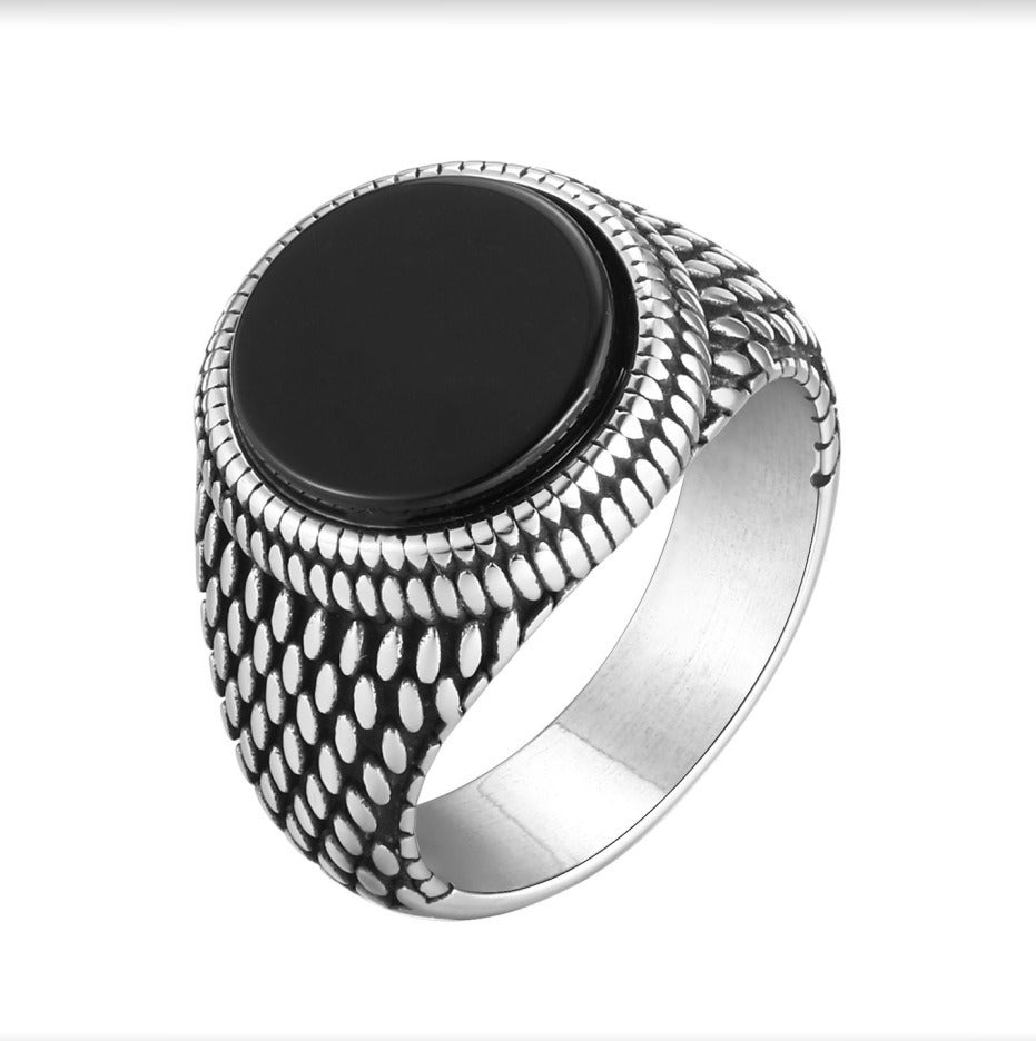 Men’s Stainless Steel Signet Ring – Natural Stone Seal Design (Black Onyx / Turquoise / Tiger Eye) RC-685