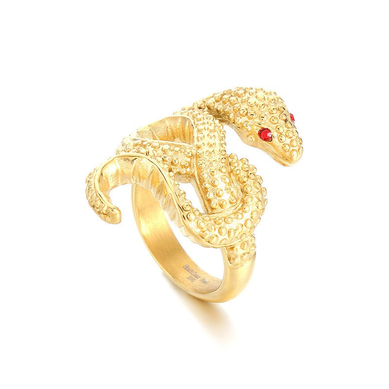 Kemstone Serpentine Titanium Steel Ring - Coiled Snake Design with Ruby Eyes, Vintage Gothic Jewelry for Men KR105952