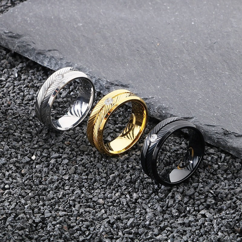 Kemstone Steel Feather Ring – Gothic Circle Band with CZ Stones for Men KR110876-GC