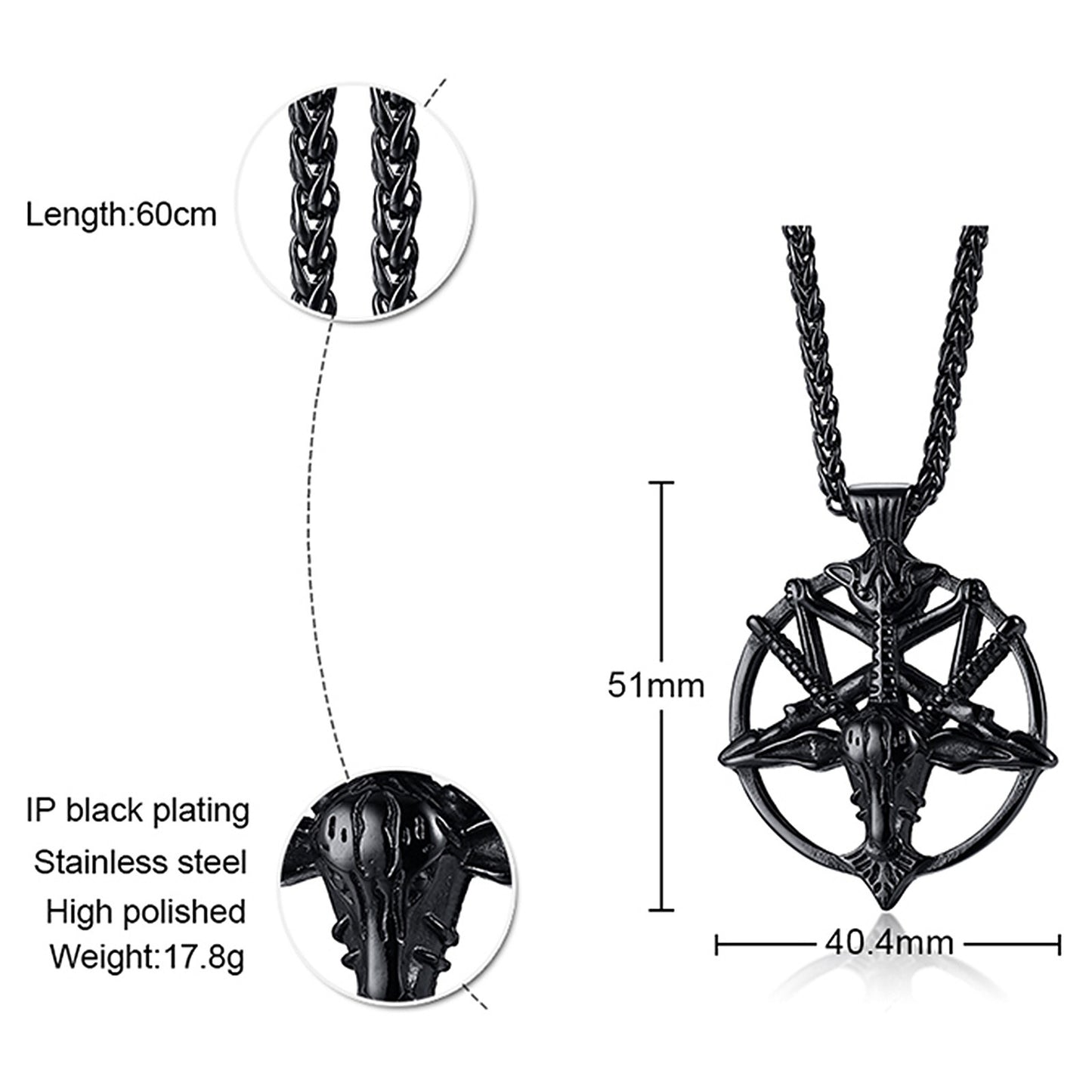 Kemstone Satanic Goat Head Pendant – Stainless Steel Gothic Pentagram Necklace PN-1266