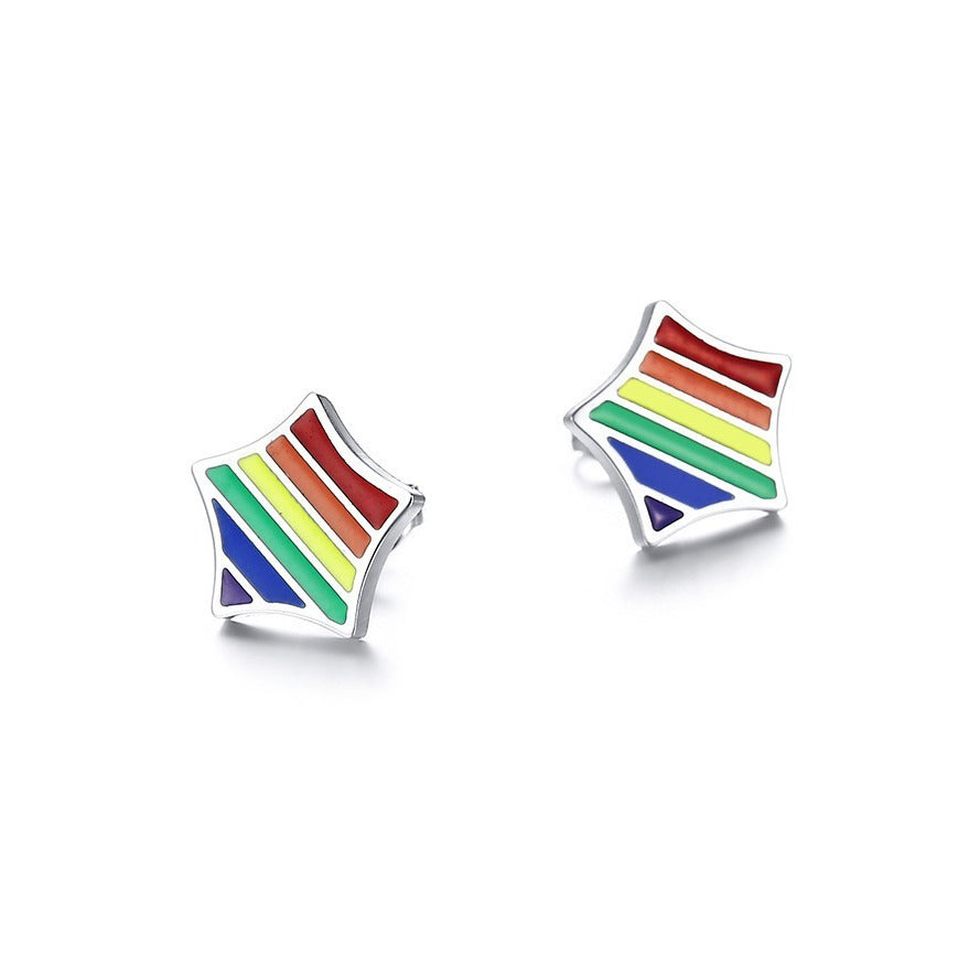 Stainless Steel Triangle Stud Earrings – Enamel Rainbow Edge for Men PE-003