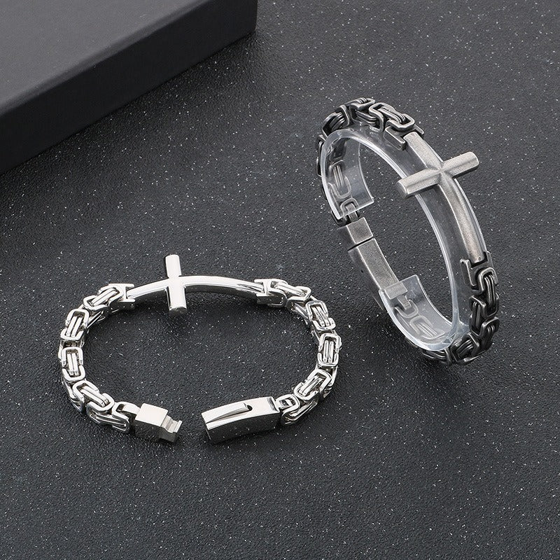 Kemstone Rock Revival Cross Cuff - Byzantine Chain Titanium Bracelet for Men with Vintage Gothic Motif KB190501