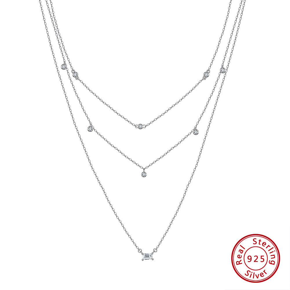 Kemstone S925 Sterling Silver Triple Layer Geometric CZ Necklace for Women – Dainty Layered Clavicle Chain, Silver & Gold A4-BQN10