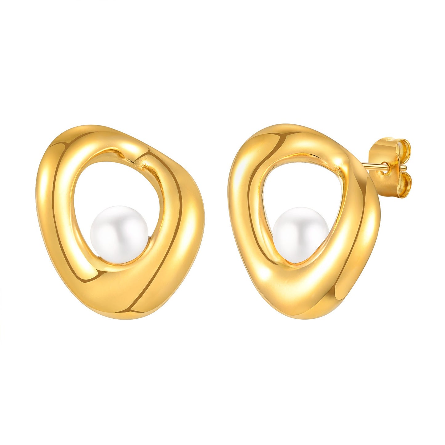 Pendientes geométricos de acero inoxidable con perla artificial en tono dorado para mujer: elegancia minimalista, joyería hipoalergénica ES-633