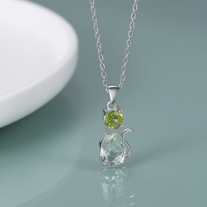 Kemstone Handcrafted S925 Sterling Silver Cat Pendant Necklace – Natural Green Amethyst & Peridot Accents, 18"