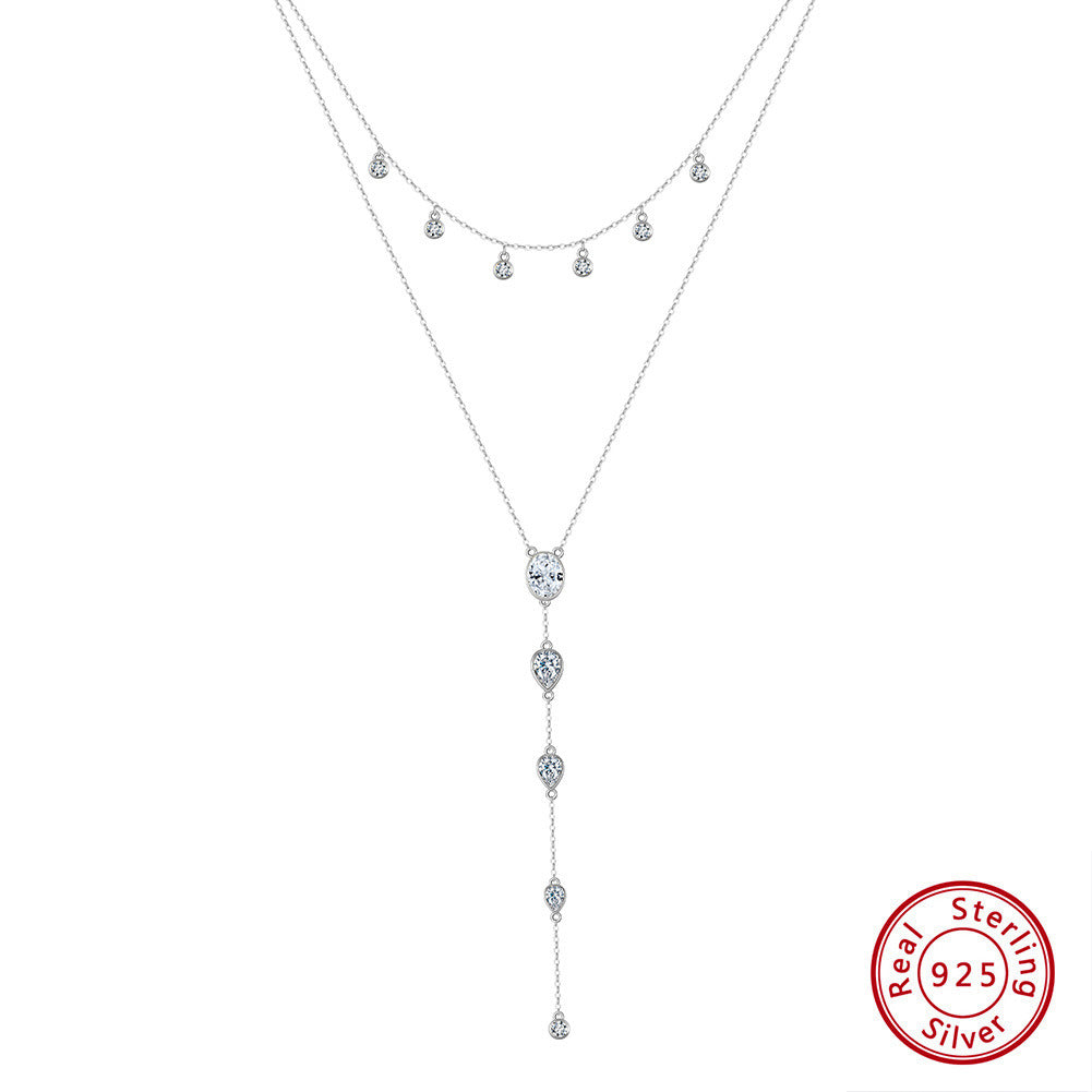 Kemstone S925 Sterling Silver Layered Lariat Necklace for Women – Elegant Y & CZ Chain Clavicle Jewelry, Silver & Gold A4-BQN16