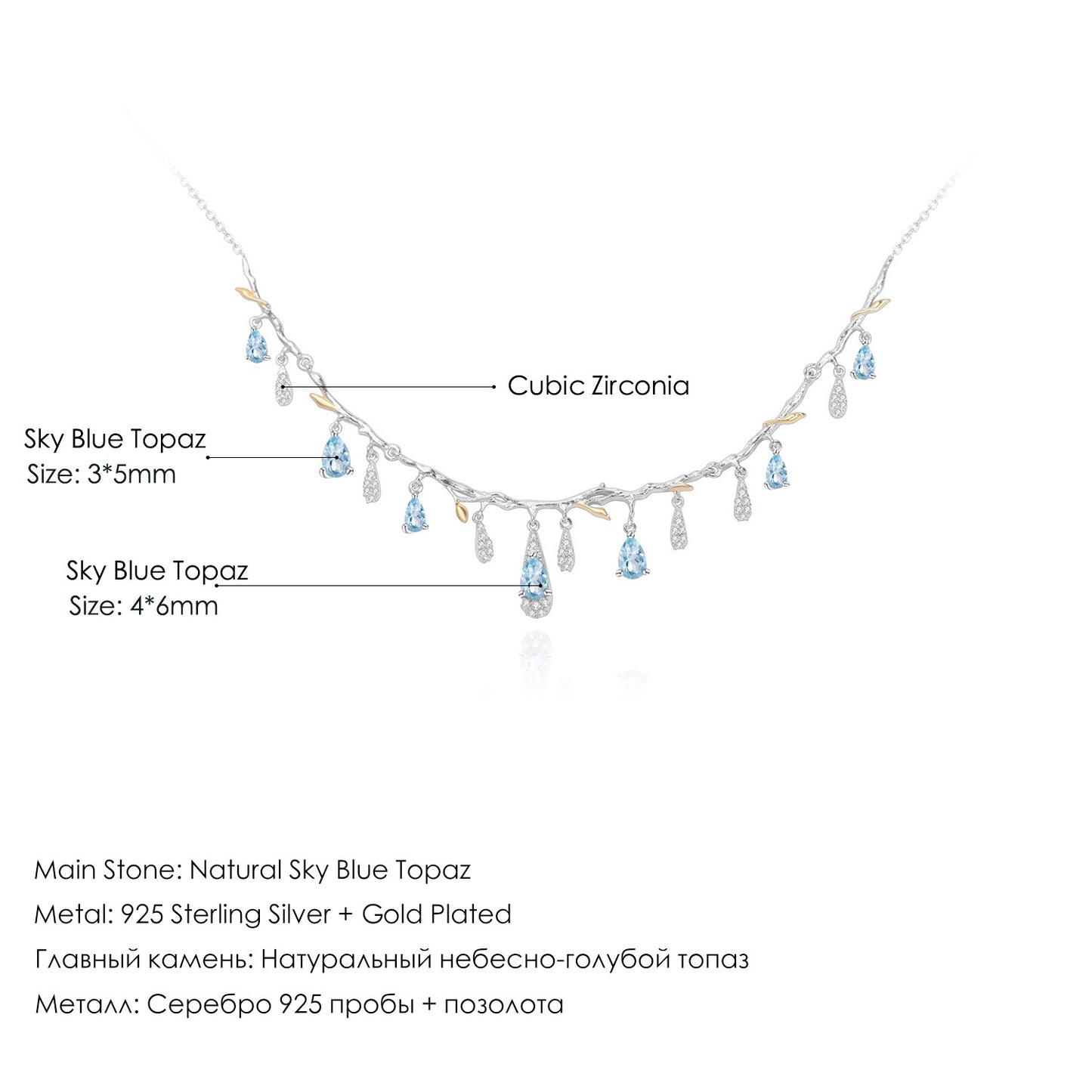 Gargantilla de lujo con piedras preciosas de diseño original, hecha a mano por Kemstone | Topacio azul cielo natural | Plata de ley 925 con baño de oro