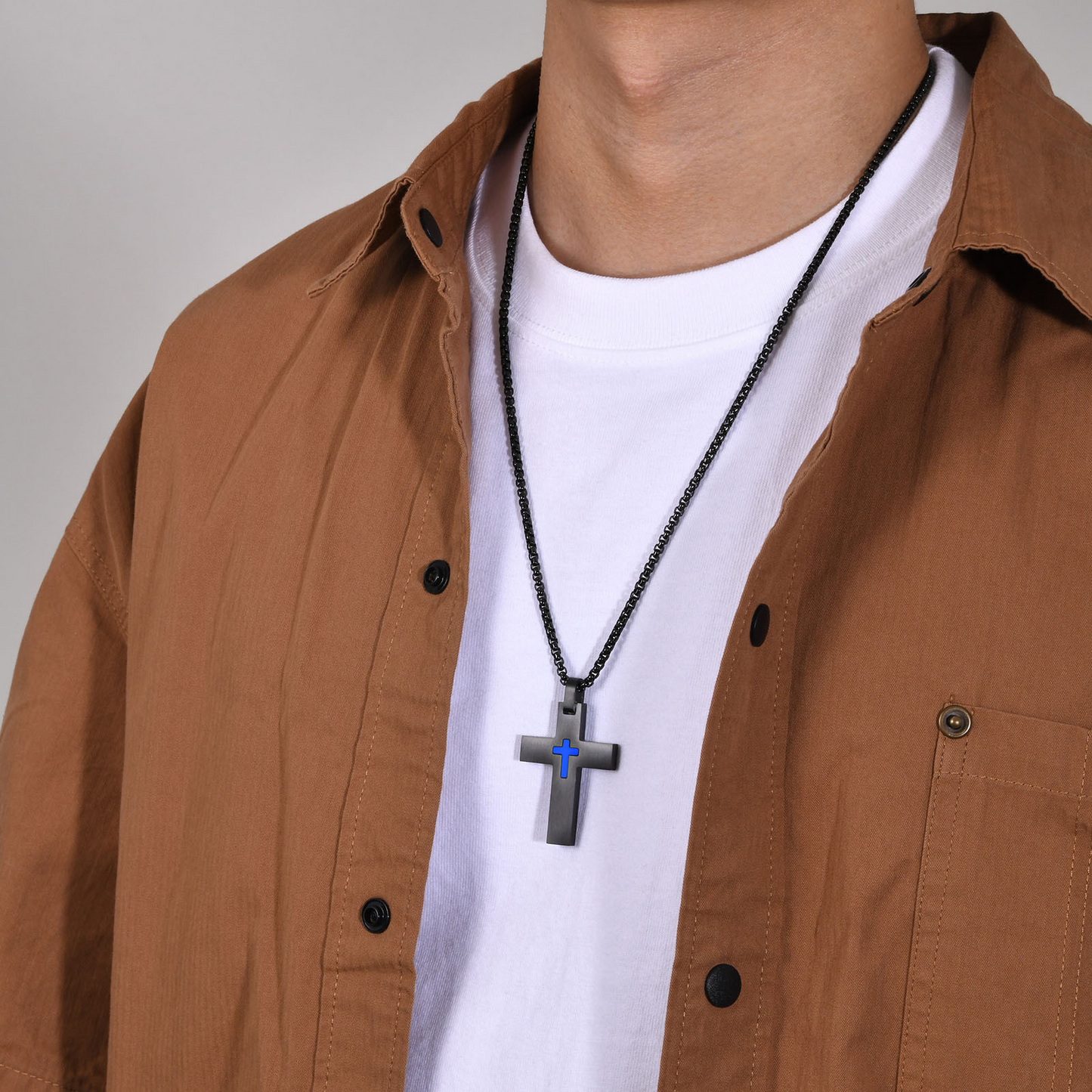 Kemstone Stainless Steel Black Cross Pendant Necklace for Men Blue Accent Detail PN-1916