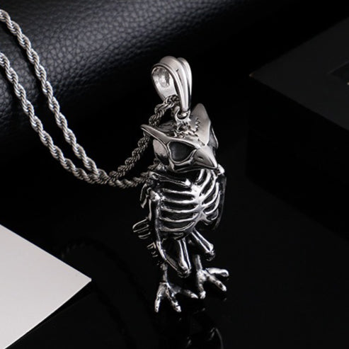 Kemstone Titanium Steel Owl Skeleton Necklace – Gothic Punk Jewelry for Men KP80011-BD