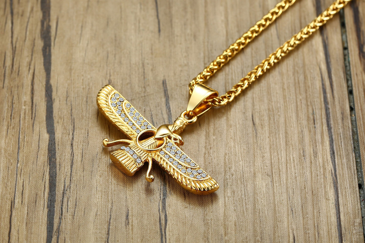 Kemstone Faravahar Titanium Steel Pendant Necklace – Zoroastrian Symbol with Crystal Accents PN1202