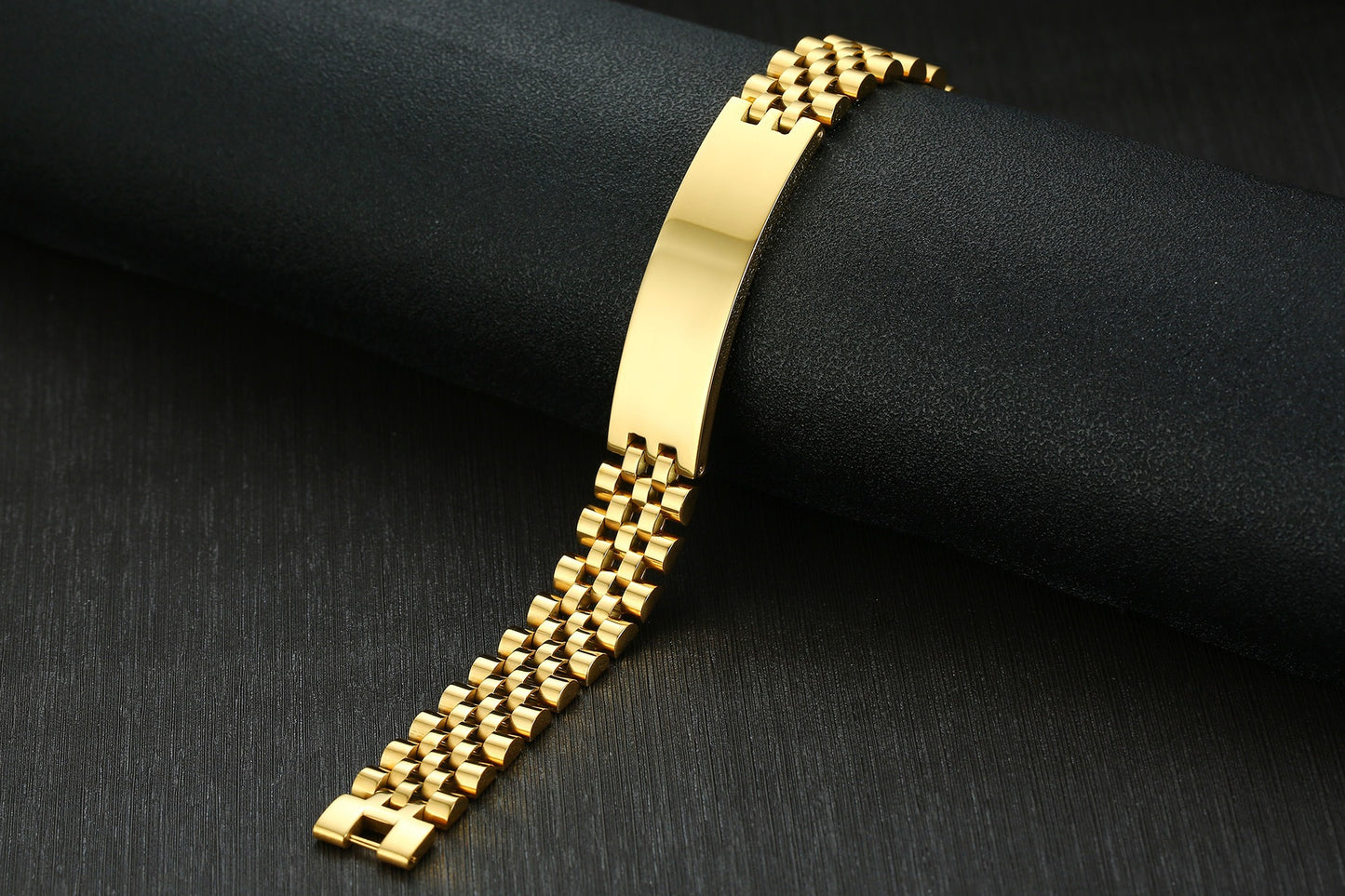 Kemstone Stainless Steel ID Bracelet – Heavy Chain 21.5cm, Gold/Silver/Black, High Polish Engraving Plate BR-697