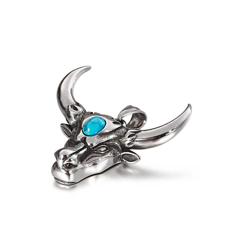 Kemstone Bull Horn Turquoise Pendant – Punk Titanium Steel Necklace for Men KP81530-K