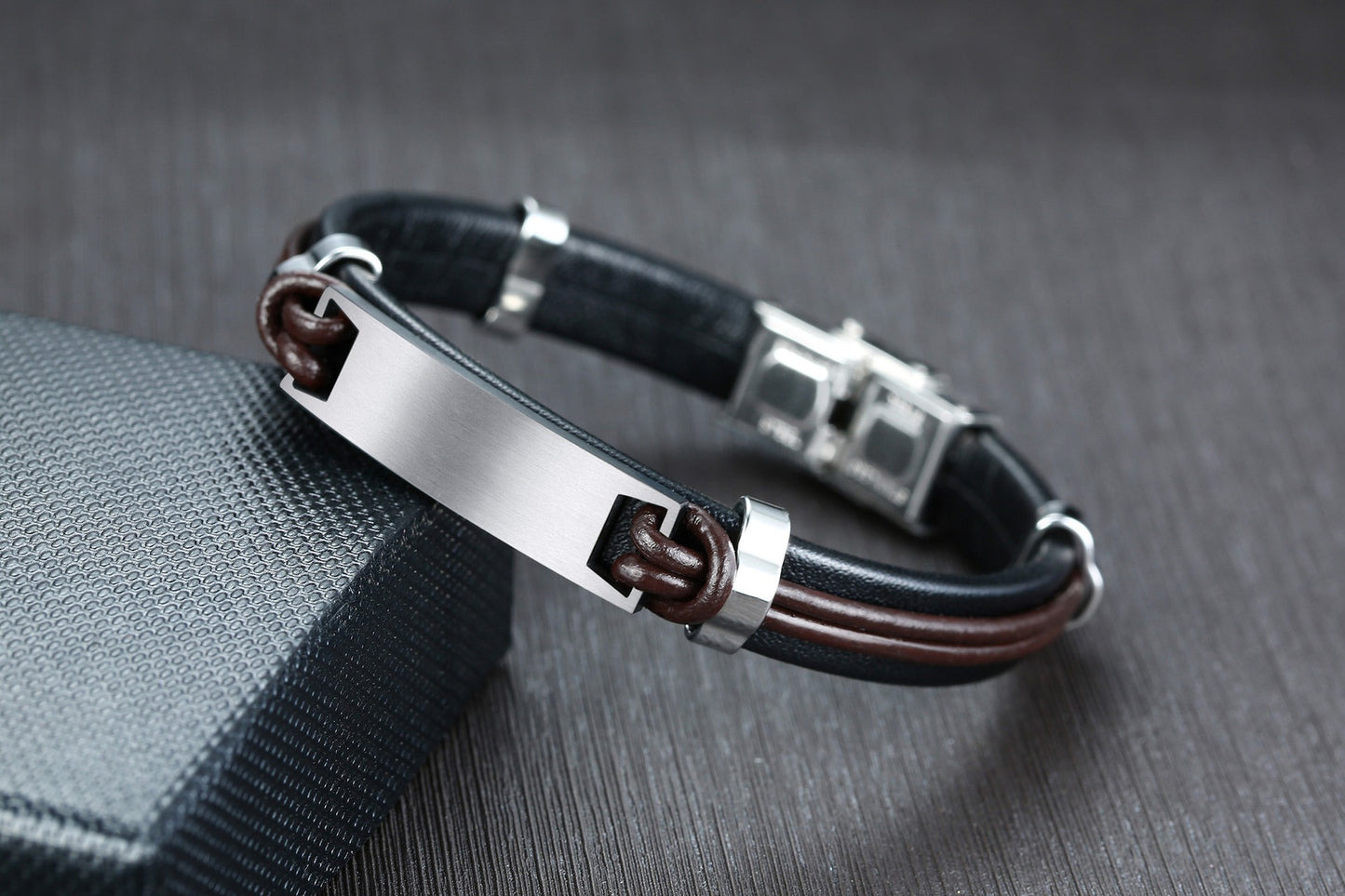 Men's Black Leather Bracelet with Matte Stainless Steel Plate – Gothic Street Power Style BL-344