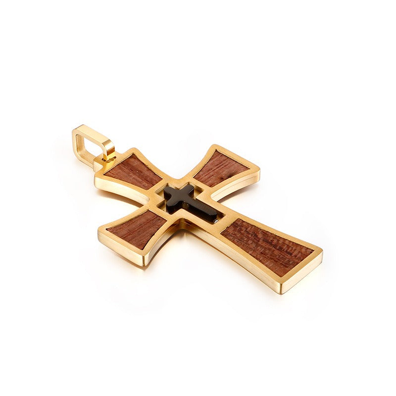 Kemstone Layered Stainless Steel & Wood Cross Pendant – Gothic Totem Necklace KP93475