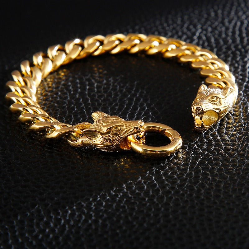 Set di catene in acciaio da uomo Kemstone - Bracciale e collana con testa di lupo per stile punk KB133023