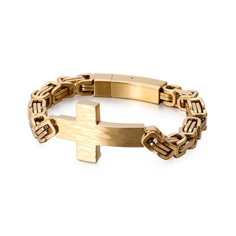 Kemstone Cross Pendant Retro Bracelet – Titanium Steel Cuff with Imperial Chain Design for Men KB122384