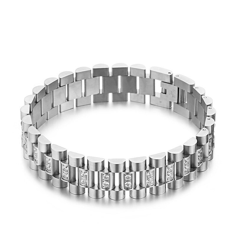 Kemstone Men’s Stainless Steel Zircon Watch Chain & Ring Set – 220mm Bracelet, 13mm Ring KB61656-K