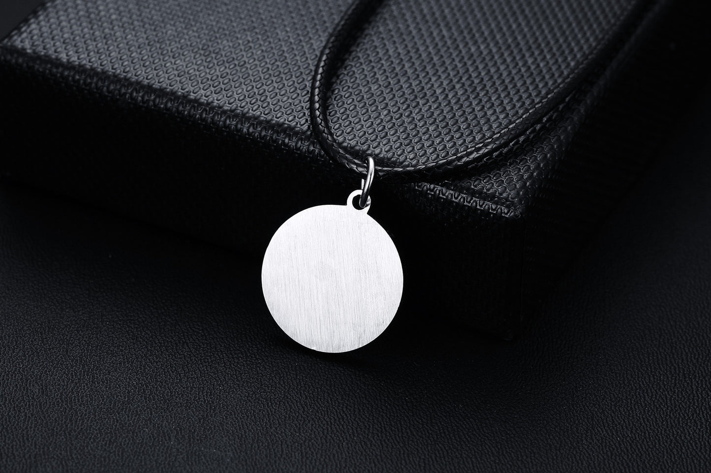 Black Om Symbol Pendant Necklace for Men – Stainless Steel Round Medallion on Leather Cord PN-1287