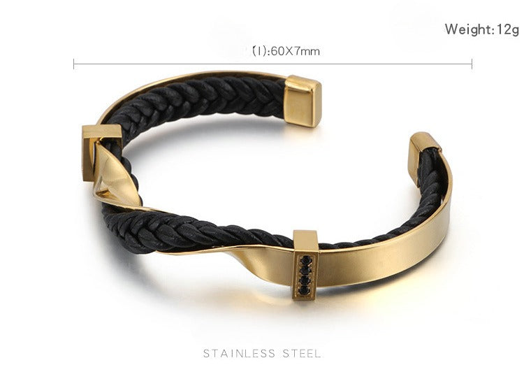 Kemstone Men’s Open Cuff Leather Bracelet – Braided Leather & Stainless Steel with Black Zircon | KB117781-KFC