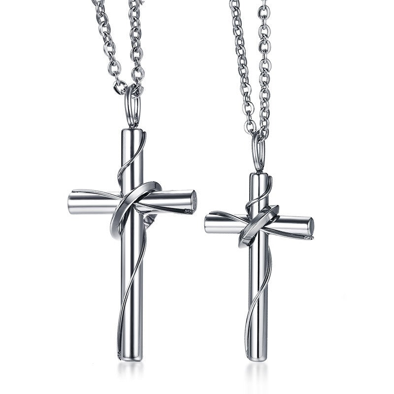 Conjunto de collar con cruz de acero inoxidable – Colgante de pareja con hoja retorcida CN-081