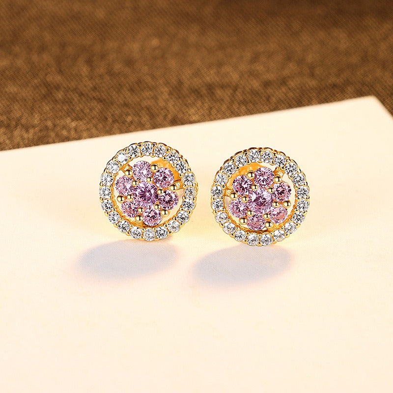 Pendientes Kemstone con delicados circonitas rosas | Diseño floral minimalista en plata S925 para mujer SE20060937