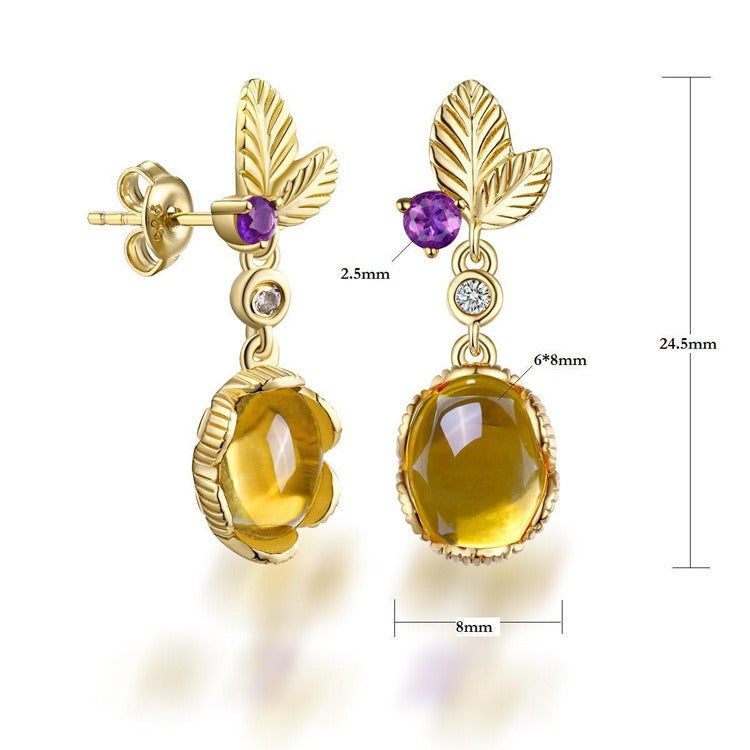 Pendientes de citrino natural de diseño original hechos a mano por Kemstone | Pendientes colgantes de plata de ley S925 bañados en oro | Diseño floral bohemio | Joyería llamativa para mujer | Pendientes con piedras preciosas