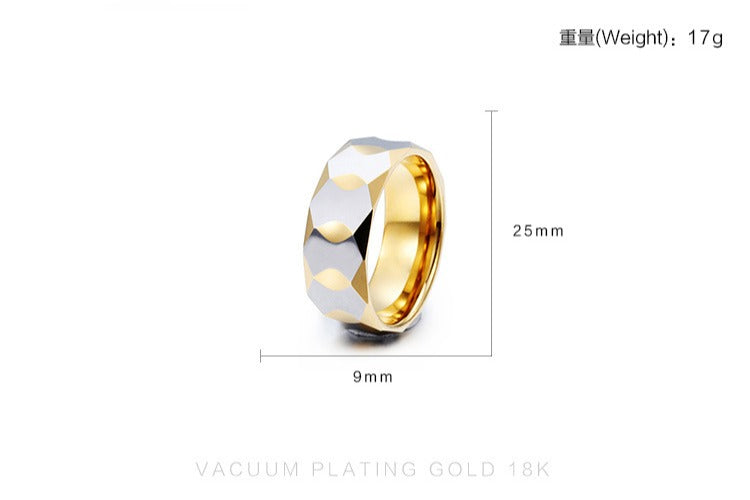 Kemstone Tungsten Geometric Ring for Men & Women – 9mm Faceted Armor Band Dual Tone KR34306