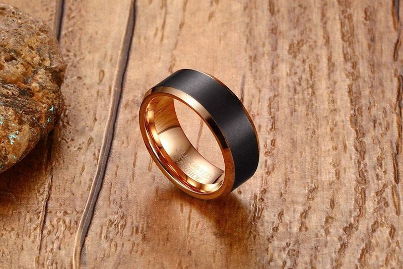 8MM Tungsten Carbide Men’s Ring – Brushed Black & Rose Gold Band TCR-069