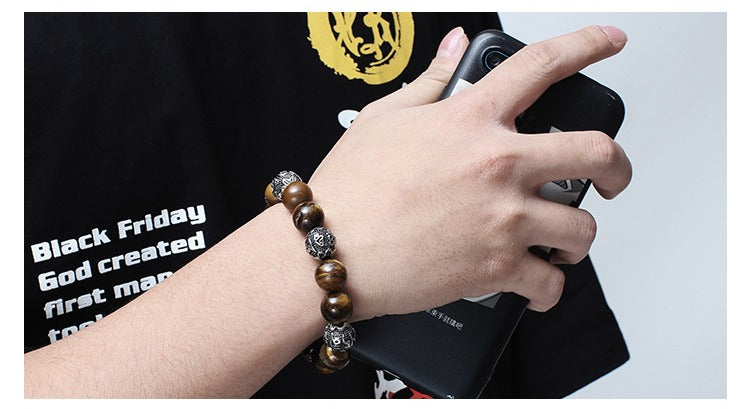 Kemstone Natural Tiger Eye Stone Mantra Bracelet – Earthy Protection, Ancient Wisdom KB119665-Z