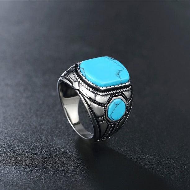 Kemstone Titanium Steel Turquoise Signet Ring for Men Vintage Stone R0584