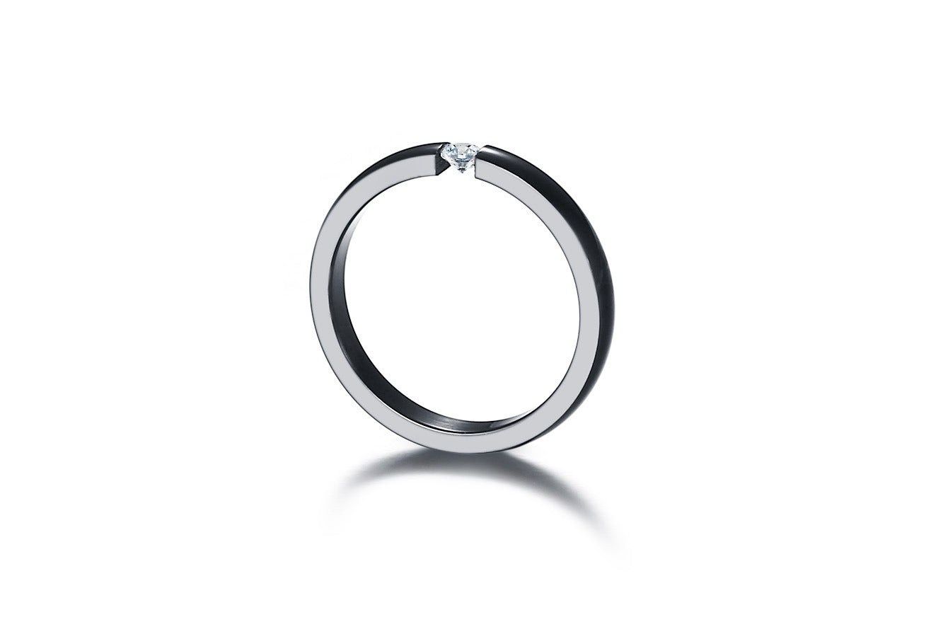 Titan Steel Rune Band – Gothic Minimalist Ring with Inset Zircon R-023