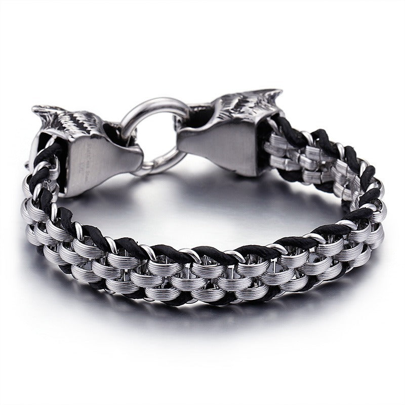 Kemstone Stainless Steel Wolf Design Ring Titanium Mesh Cuff Bracelet for Men - Punk Edge Charm Jewelry KB154970