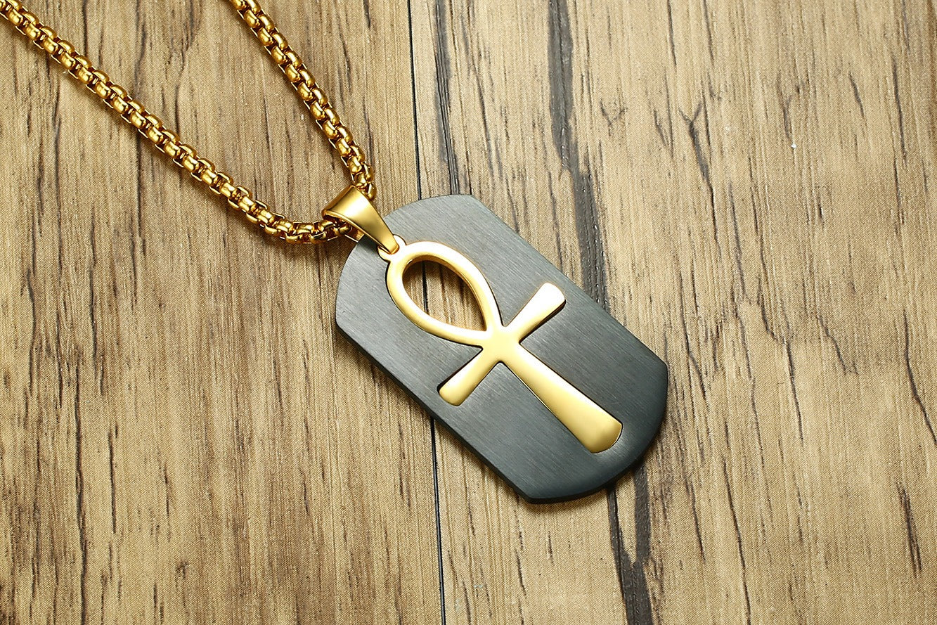 Collar con colgante de símbolo de vida Ankh de acero y titanio Kemstone - Diseño geométrico, joyería duradera para hombre PN-623