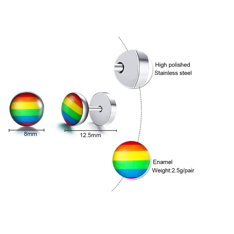 Rainbow Dumbbell Stud Earrings – Stainless Steel Pride Ear Jewelry | Street Gothic Color Edge PE-005