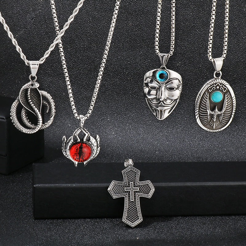 Kemstone Turquoise Eagle Amulet Necklace – Tribal Cross & Evil Eye Pendant for Men, Gothic Streetwear Jewelry KP100398