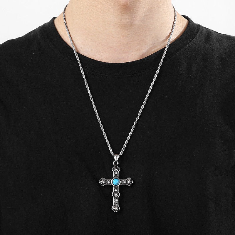 Kemstone Gothic Portrait Pendant – Titanium Steel Necklace with Crown & Turquoise Cross KP119878