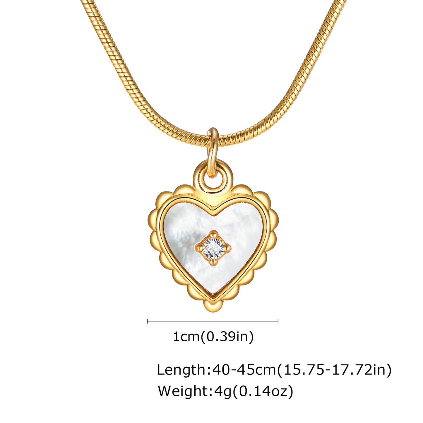 Collar de cadena de serpiente redonda de acero inoxidable con colgante de corazón de circonita y concha. Joyería atemporal en tono dorado para mujer. NC-1912